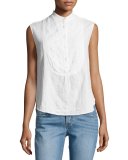 Sleeveless Gauze Tuxedo Shirt, White