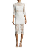Miller 3/4-Sleeve Lace Midi Dress, Ivory