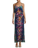Floral-Print Tulle Ruffle Slip Dress, Blue