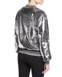 Sequined Bomber Jacket W/Striped Trim, Silver