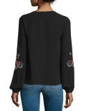 Long-Sleeve Floral-Embroidered Top, Black