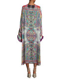 Printed Midi Dress w/Tassel Trim, Red Multi