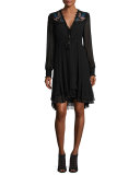 Long-Sleeve Embroidered Silk Dress, Black