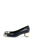 Decollete U-Cut Mid-Heel Pump, Navy/Golden