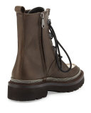 Monili-Trim Leather Hiker Boot, Brown/Ivory