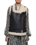 Leather Shearling Moto Vest, Cream/Black 