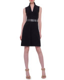 Sleeveless Belted A-Line Dress, Black