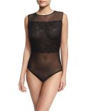 Lace-Panel Semisheer Bodysuit, Black