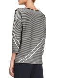 Pintucked 3/4-Sleeve Striped Sweater, Black Multi 