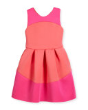 Sleeveless Pleated Two-Tone Scuba Dress, Coral/Pink, Size 4-6X
