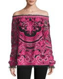 Embroidered Off-the-Shoulder Long-Sleeve Blouse, Black/Fuchsia