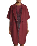 Double-Breasted Kimono-Sleeve Cocoon Coat, Marsala