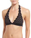 Spring Scalloped Lace Halter Swim Top, Black