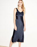 Sleeveless Ruched Satin Slip Dress, Navy