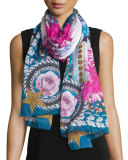 Paradise Flower Silk Chiffon Scarf, Blue
