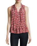 Estero Floral Silk Sleeveless Tie-Neck Blouse, Coral