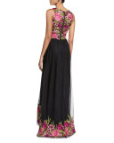 Sleeveless Embroidered High-Low Tulle Gown, Magenta