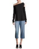 One-Shoulder Draped-Neck T-Shirt, Black