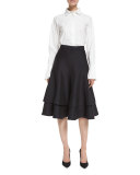 Plisse-Cuff Button-Front Blouse, White