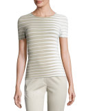 Alternating-Stripe Short-Sleeve Sweater, Beige/Multi