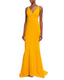 Sleeveless V-Neck Fluted Gown, Marigold