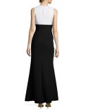Sleeveless Two-Tone Crepe Gown, White/Black
