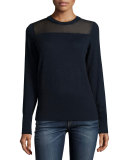 Elana Mesh-Trim Pullover Sweater, Navy