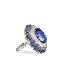 18K White Gold Round Blue Sapphire Ring with Diamonds