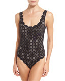 Palm Springs Laser-Cut Lace Maillot, Black