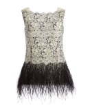 Sleeveless Lace Blouse with Feather Trim