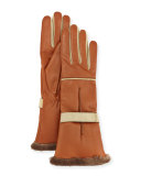 Leather Fur-Trim Gloves, Brown