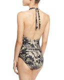 Ornamental Floral Halter One-Piece Swimsuit