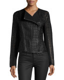Cropped Cutout Leather Moto Jacket, Black
