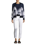 Palm-Print Ribbed-Trim Shell, Navy/Bianco