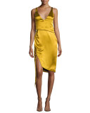 Isabella Sleeveless Satin V-Neck Dress with Lace-Up Slit, Gold