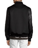 Leather-Sleeve Splatter Bomber Jacket, Black