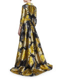 3/4-Sleeve Sunflower Trench Gown, Yellow/Black