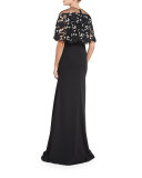 Floral Lace Capelet Gown, Black/Ivory