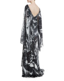 Swirled Velvet Cape-Sleeve Gown, Black/White