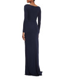 Long-Sleeve Buckled Jersey Gown, Navy