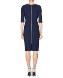 3/4-Sleeve Split-Neck Sheath Dress, Navy