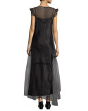Sleeveless Tulle Overlay Slip Dress, Black