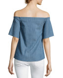 Christy Off-the-Shoulder Chambray Shirt, Blue