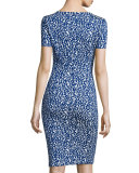 Paisley Knit Square-Neck Sheath Dress, Bianco/Indigo Multi