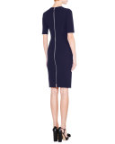 Half-Sleeve Jewel-Neck Sheath Dress, Navy