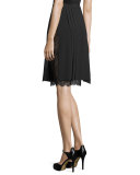 Lace-Underlay Pleated Pencil Skirt, Black