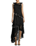 Harmany Sleeveless Asymmetric Floral Lace Ruffle Gown, Black