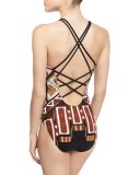 Geometric-Print High-Neck One-Piece Swimsuit