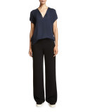 Pintuck Split-Neck Silk Top, Coastal
