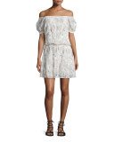 Janell Off-the-Shoulder Silk Lace Dress, White/Black